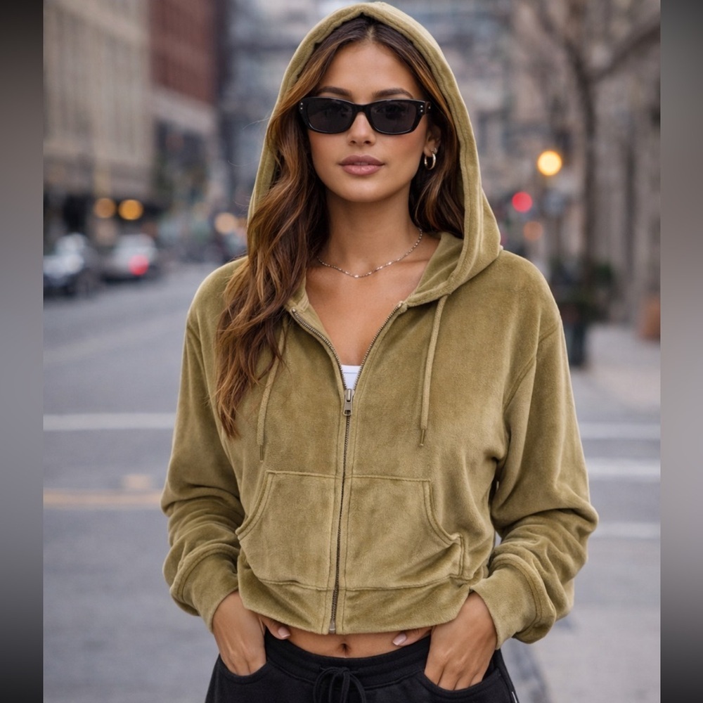 SKIMS Velour Cropped Hoodie Zip Up Olive Green Y2K Lounge 36262